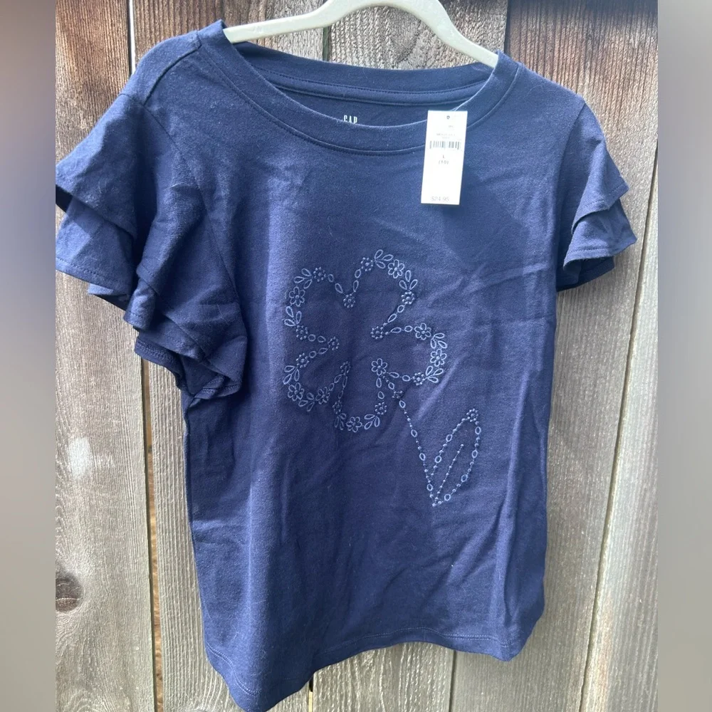 NWT GAP Navy Ruffle Sleeve Floral  Tee with sequins